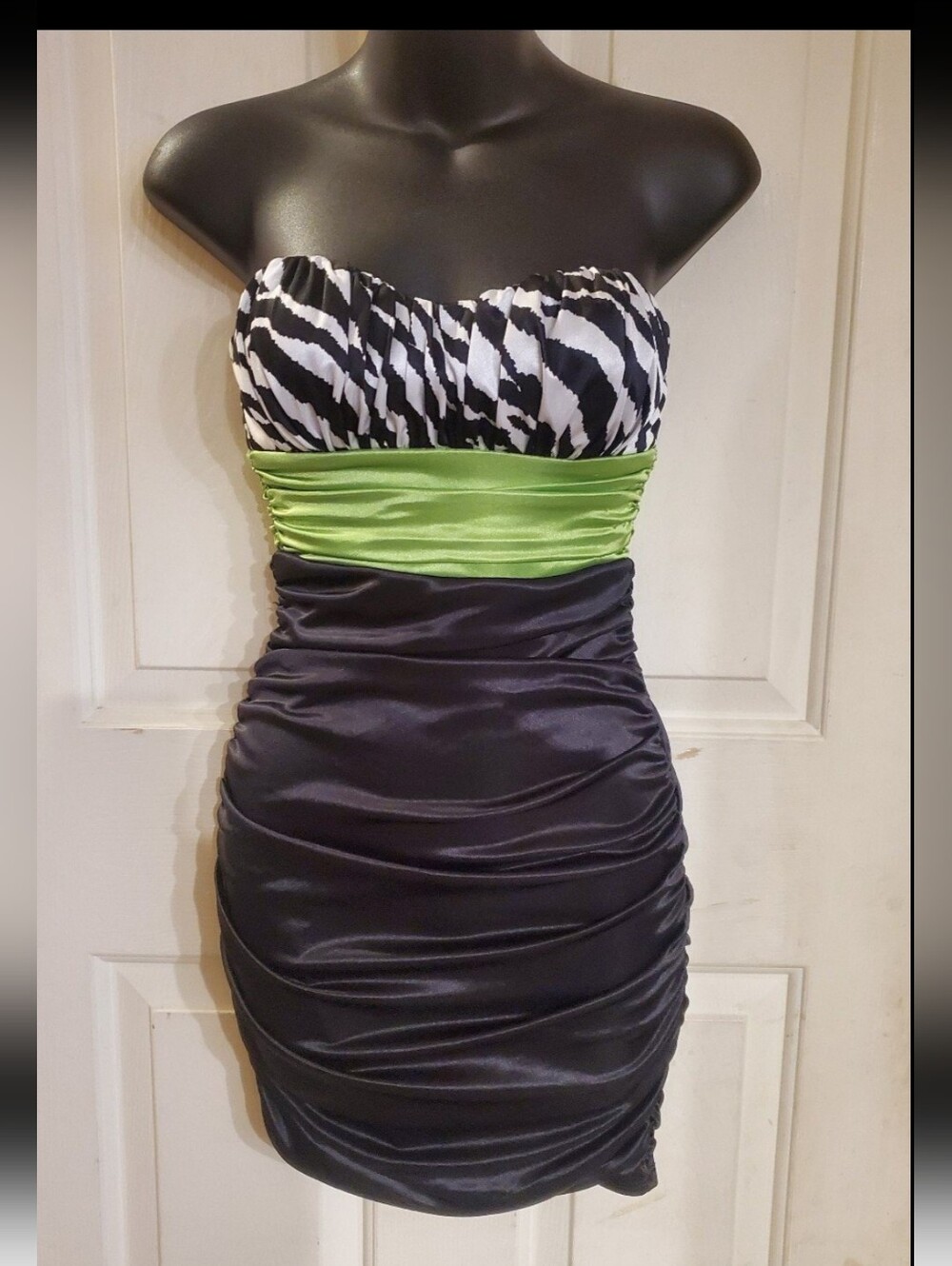 Speechless Strapless Zebra Bust & Lime Band Ruched Black Dress